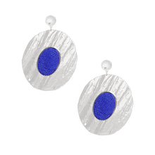 Load image into Gallery viewer, Drop Dramatic Large Silver Oval Blue Inset Earring
