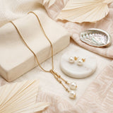 Gold Snake Chain Bamboo Pearl Lariat Necklace Set