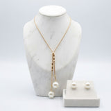 Gold Snake Chain Bamboo Pearl Lariat Necklace Set