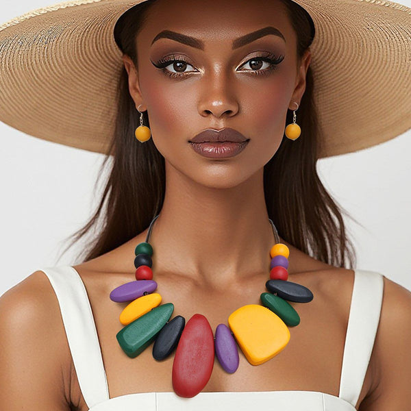 Collar Chunky Geo Multicolor Wood Earthy Necklace