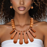 Bib Refined Tribal Brown Wood Curved Bead Necklace