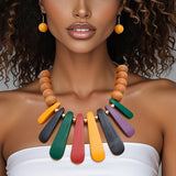 Bib Refined Tribal Multi Wood Curved Bead Necklace