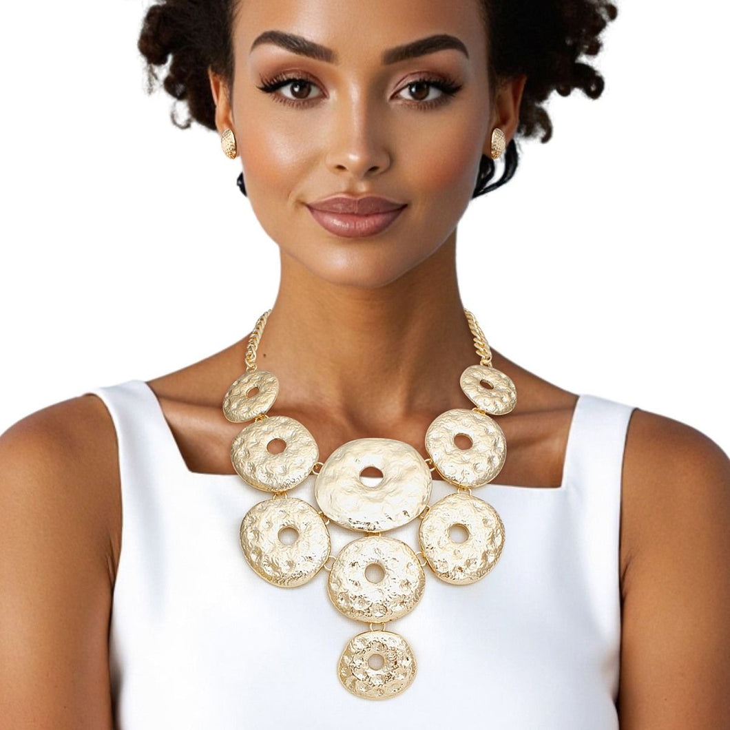 Bib Chunky Hammered Gold Metal Donut Necklace