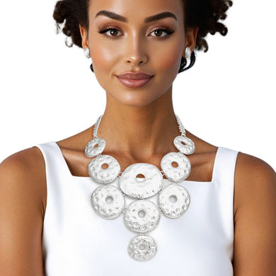 Bib Chunky Hammered Silver Metal Donut Necklace