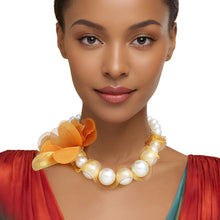 Load image into Gallery viewer, Graduated Pearl Brown Fabric Flower Woven Necklace
