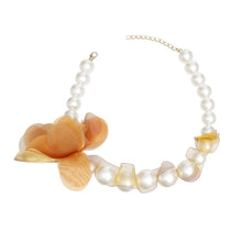 Load image into Gallery viewer, Graduated Pearl Brown Fabric Flower Woven Necklace
