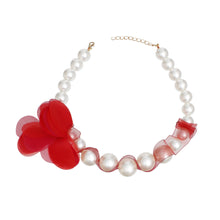 Cargar imagen en el visor de la galería, Graduated Pearl Red Fabric Flower Woven Necklace
