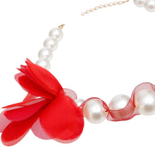 Cargar imagen en el visor de la galería, Graduated Pearl Red Fabric Flower Woven Necklace
