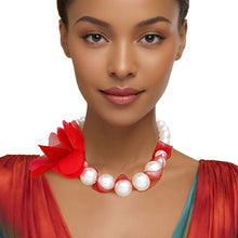 Cargar imagen en el visor de la galería, Graduated Pearl Red Fabric Flower Woven Necklace
