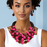 Beaded Fuchsia Coconut Wood Disc Necklace Women