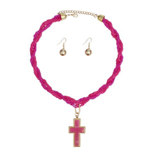 Cargar imagen en el visor de la galería, Pendant Fuchsia Twisted Bead Marbled Cross Necklace
