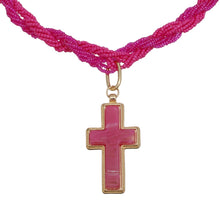 Cargar imagen en el visor de la galería, Pendant Fuchsia Twisted Bead Marbled Cross Necklace
