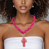 Pendant Fuchsia Twisted Bead Marbled Cross Necklace