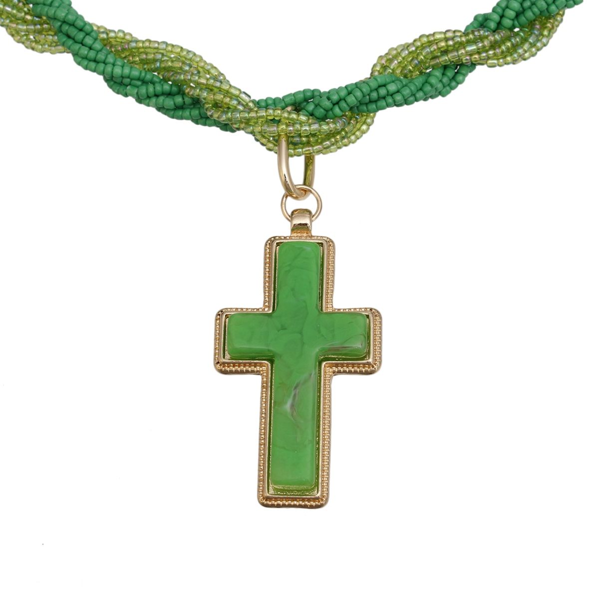 Pendant Green Twisted Bead Marbled Cross Necklace
