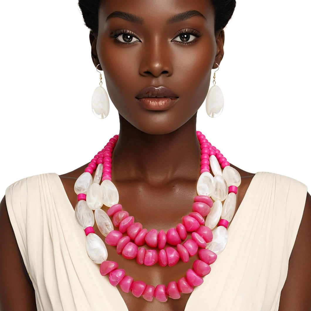 Beaded Fuchsia Stone 3 Layer Tribal Necklace Set