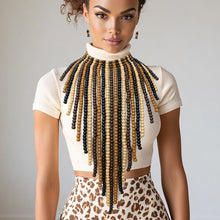 Load image into Gallery viewer, Bib Long Brown Wood Bead Fringe Global Necklace
