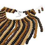 Bib Long Brown Wood Bead Fringe Global Necklace