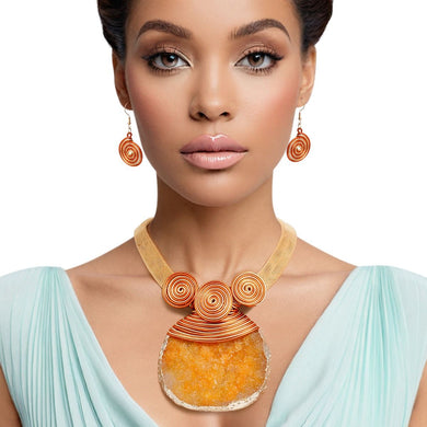 Pendant Orange Druzy Stone Wire Tribal Necklace