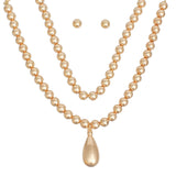 Beaded Gold Teardrop Pendant Double Necklace Set