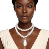 Bead Matte Silver Teardrop Pendant Double Necklace