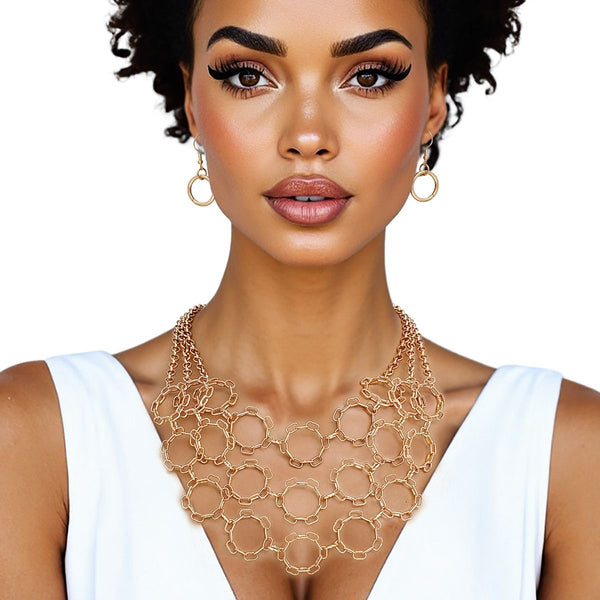 Chain Multi Row Multi Circle Gold Bib Necklace