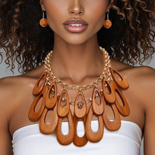 Cargar imagen en el visor de la galería, Bib Tribal Chic Brown Teardrop Wood Bead Necklace
