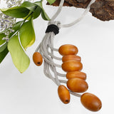 Tassel Silver Mesh Brown Wooden Bead Necklace