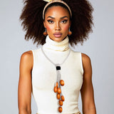 Tassel Silver Mesh Brown Wooden Bead Necklace