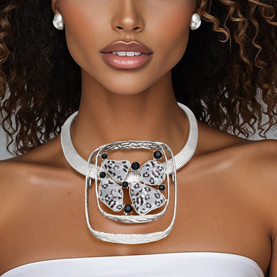 Chunky Collar Exotic Silver Leopard Safari Necklace