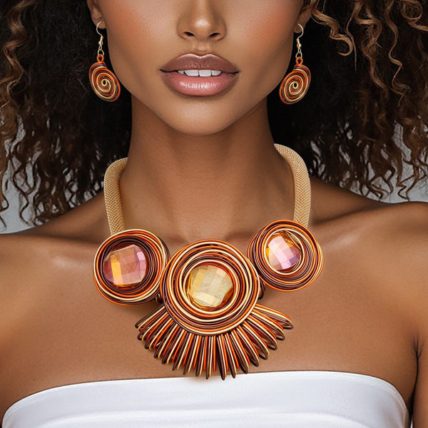 Bib Orange Looped Wire Round Bead Necklace