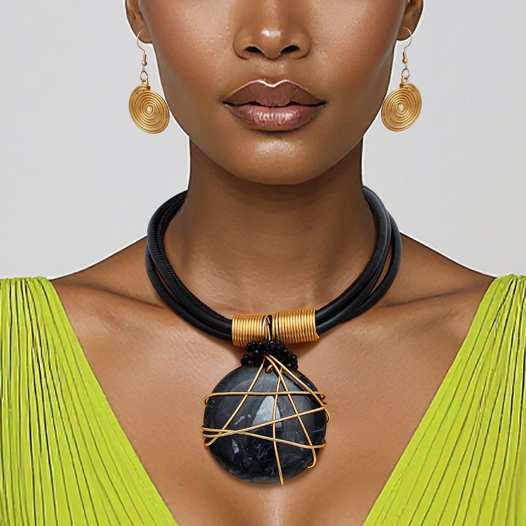 Pendant Black Leather Wire Wrapped Resin Necklace