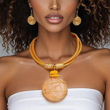 Pendant Mustard Leather Wire Wrapped Resin Necklace