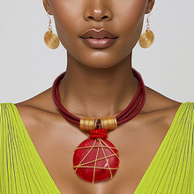 Cargar imagen en el visor de la galería, Pendant Red Leather Wire Wrapped Resin Necklace
