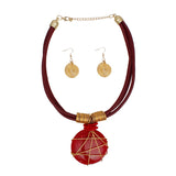 Pendant Red Leather Wire Wrapped Resin Necklace