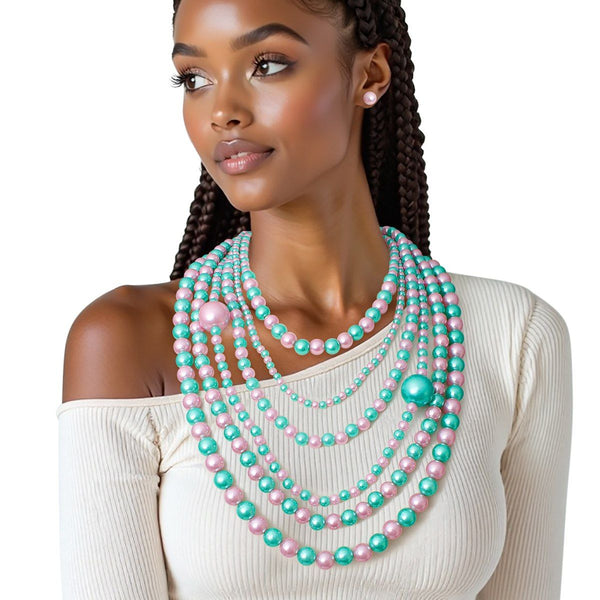 AKA Pink Green Pearl Long Layers 6 Strand Necklace
