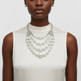 White Pearl and Silver Bead Layered Bib Necklace