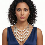 White Pearl and Silver Bead Layered Bib Necklace