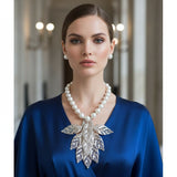 Bib White Pearl Silver Chunky Leaf Drop Necklace