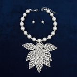 Bib White Pearl Silver Chunky Leaf Drop Necklace