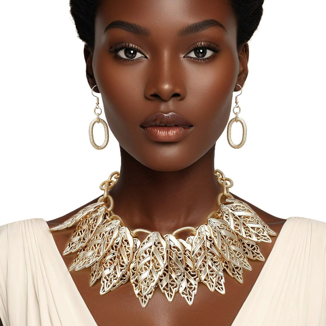 Bib Fall Season Gold Chunky Leaf Collar Necklace