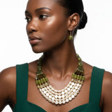 Marbled Olive & Creamy Shine Beaded Layer Necklace