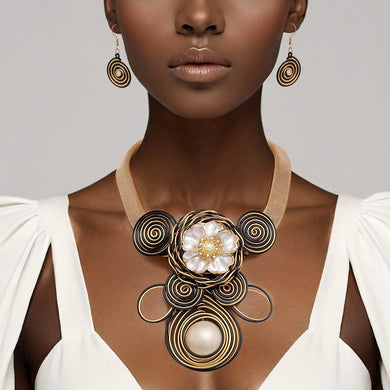 Bib Elaborate Black Gold Wire Regal Flower Necklace