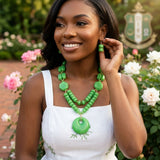 Long Leafy Green Chunky Beaded Pendant Necklace