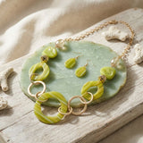 Long Green Stripe Mixed Elements Link Necklace