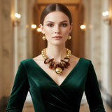 Chunky Stone Disc Gold Ball Bead Toggle Necklace