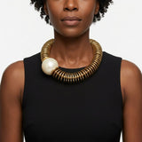 Beaded Gold Disc Iridescent Pearl Toggle Necklace