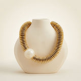 Beaded Gold Disc Iridescent Pearl Toggle Necklace