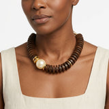 Beaded Brown Wood Disc Milky Pearl Chunky Necklace