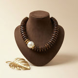 Beaded Brown Wood Disc Milky Pearl Chunky Necklace