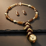 Stacked Wood Bead Marbled Brown Toggle Necklace